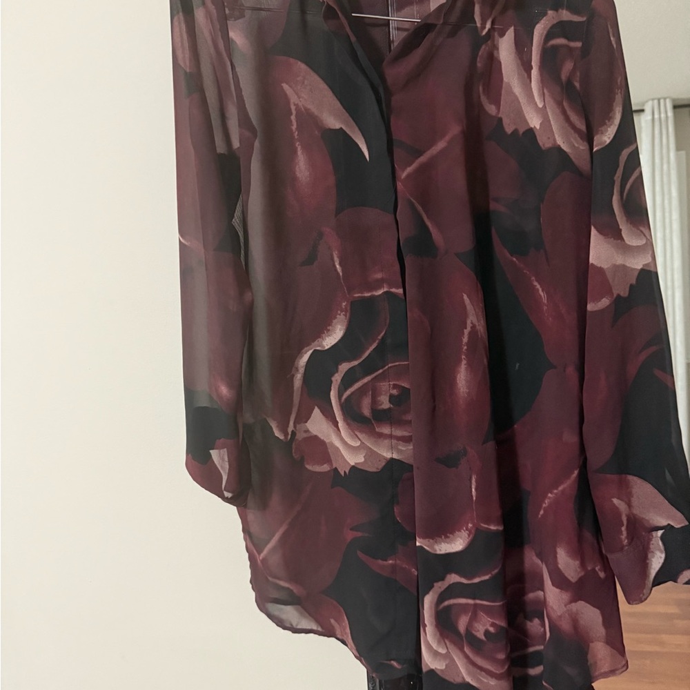 H&M Dark Red and Black Rose Print Button Down Shirt